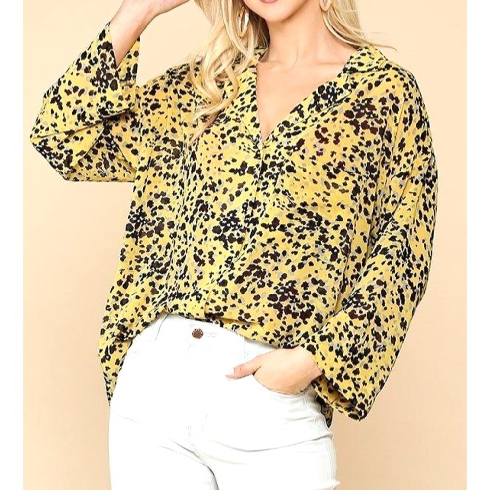 GIGIO USA Yellow GEORGETTE Animal Print BUTTON-UP 1-Pocket BLOUSE/Top Sz M